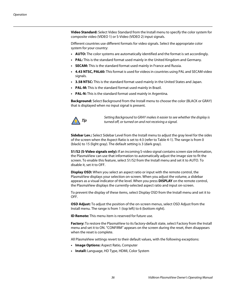Video standard, Background, Sidebar lev | S1/s2 (s-video signals only), Display osd, Osd adjust, Id remote, Factory, Pre l iminar y | Vidikron VP-5000 User Manual | Page 46 / 70