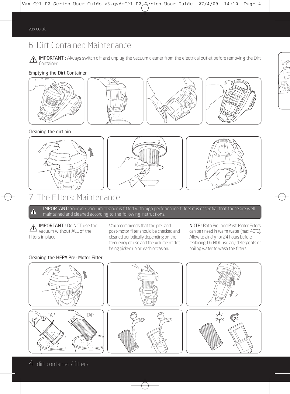 Dirt container: maintenance, The filters: maintenance | Vax C91-P2 User Manual | Page 4 / 12