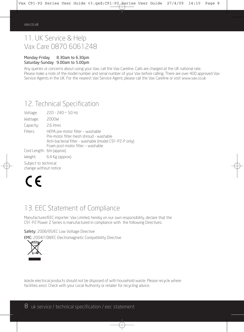 Technical specification, Eec statement of compliance | Vax C91-P2 User Manual | Page 8 / 12