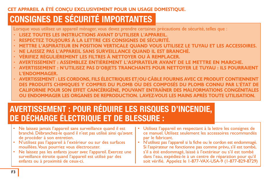 Consignes de sécurité importantes | Vax X3 User Manual | Page 19 / 46