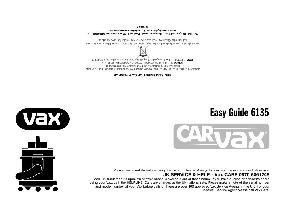 Vax 6135 User Manual | 9 pages