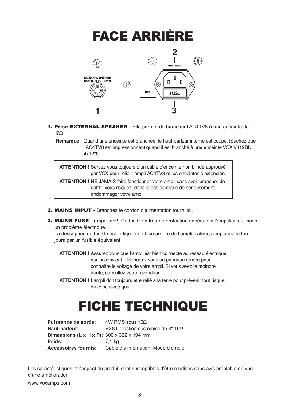 Face arrière, Fiche technique | VOX Amplification USA AC4TV8 User Manual | Page 8 / 18