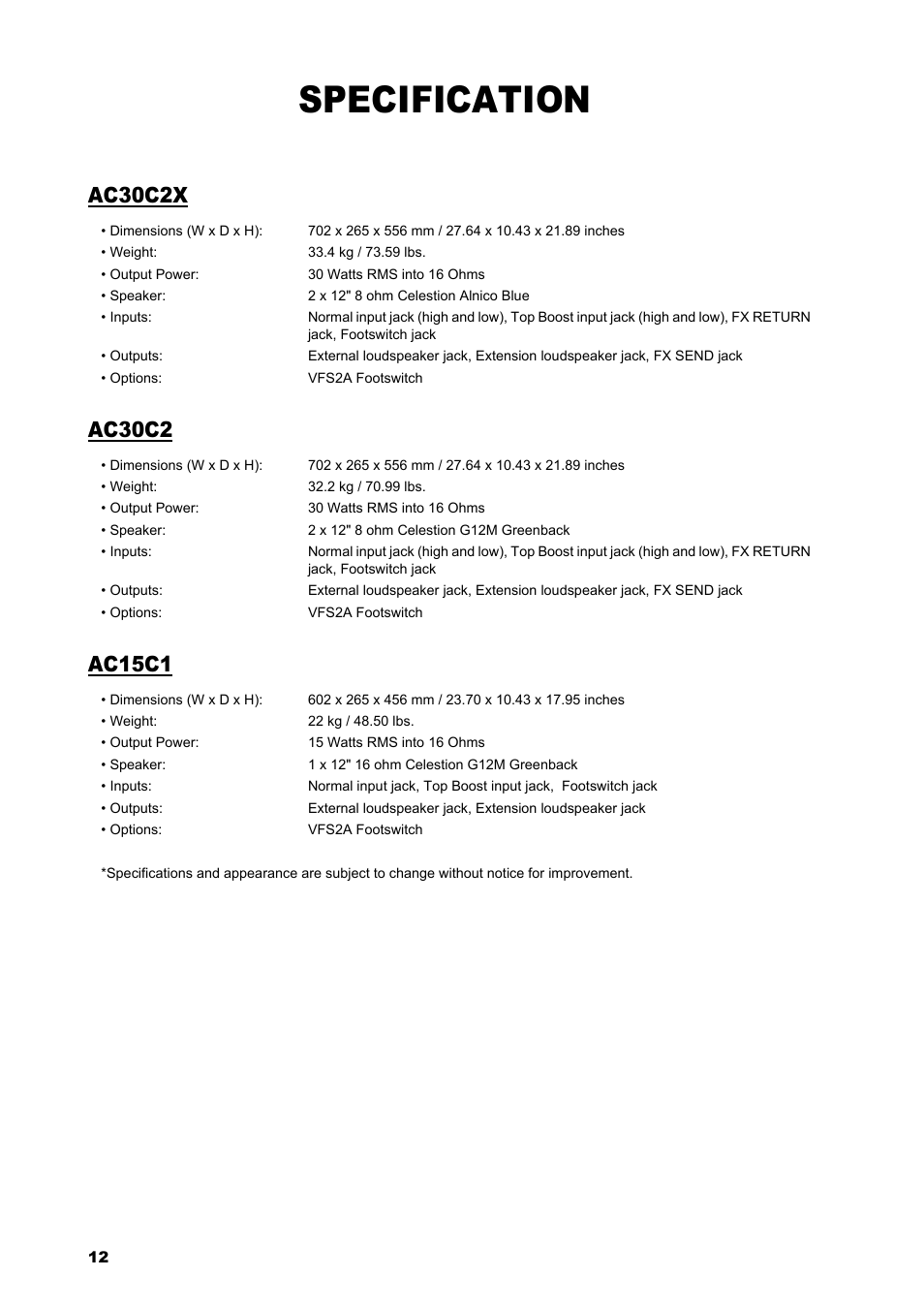 Specification, Ac30c2x, Ac30c2 | Ac15c1 | VOX Amplification USA AC15C1 User Manual | Page 12 / 46