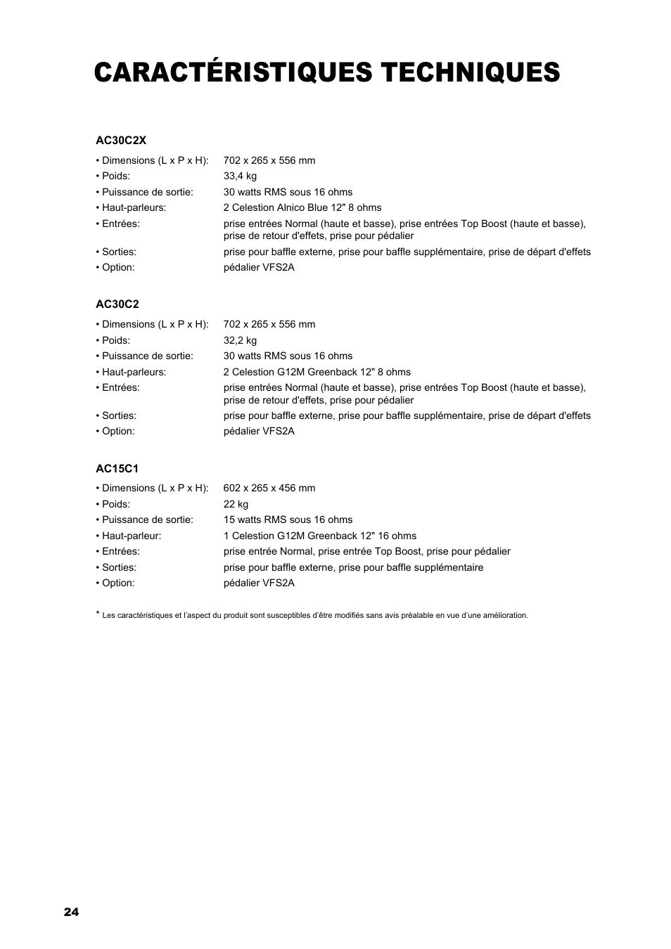 Caractéristiques techniques | VOX Amplification USA AC15C1 User Manual | Page 24 / 46