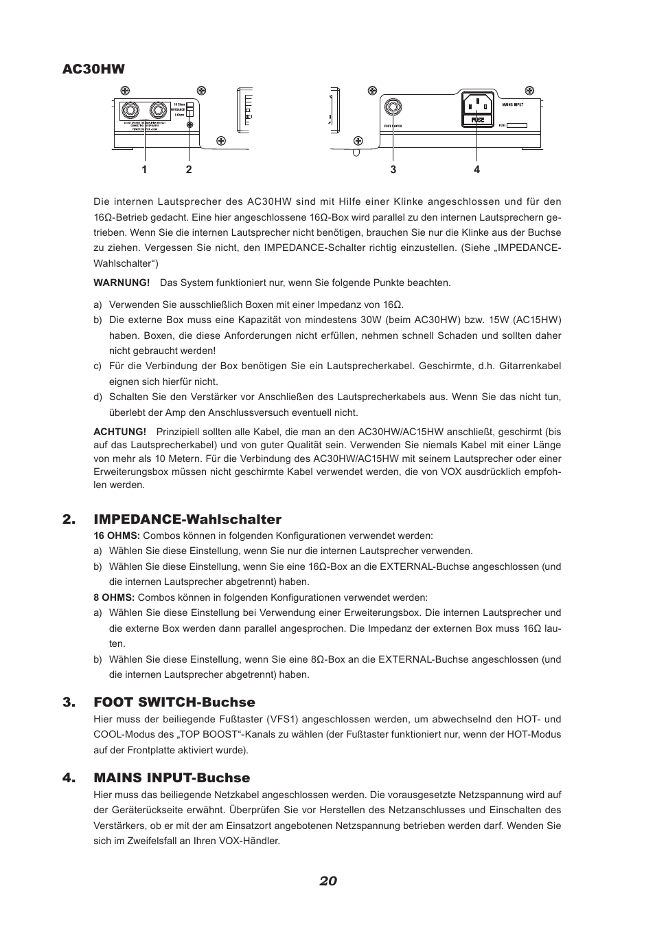20 ac30hw, Impedance-wahlschalter, Foot switch-buchse | Mains input-buchse | VOX Amplification USA V212HWX User Manual | Page 20 / 28