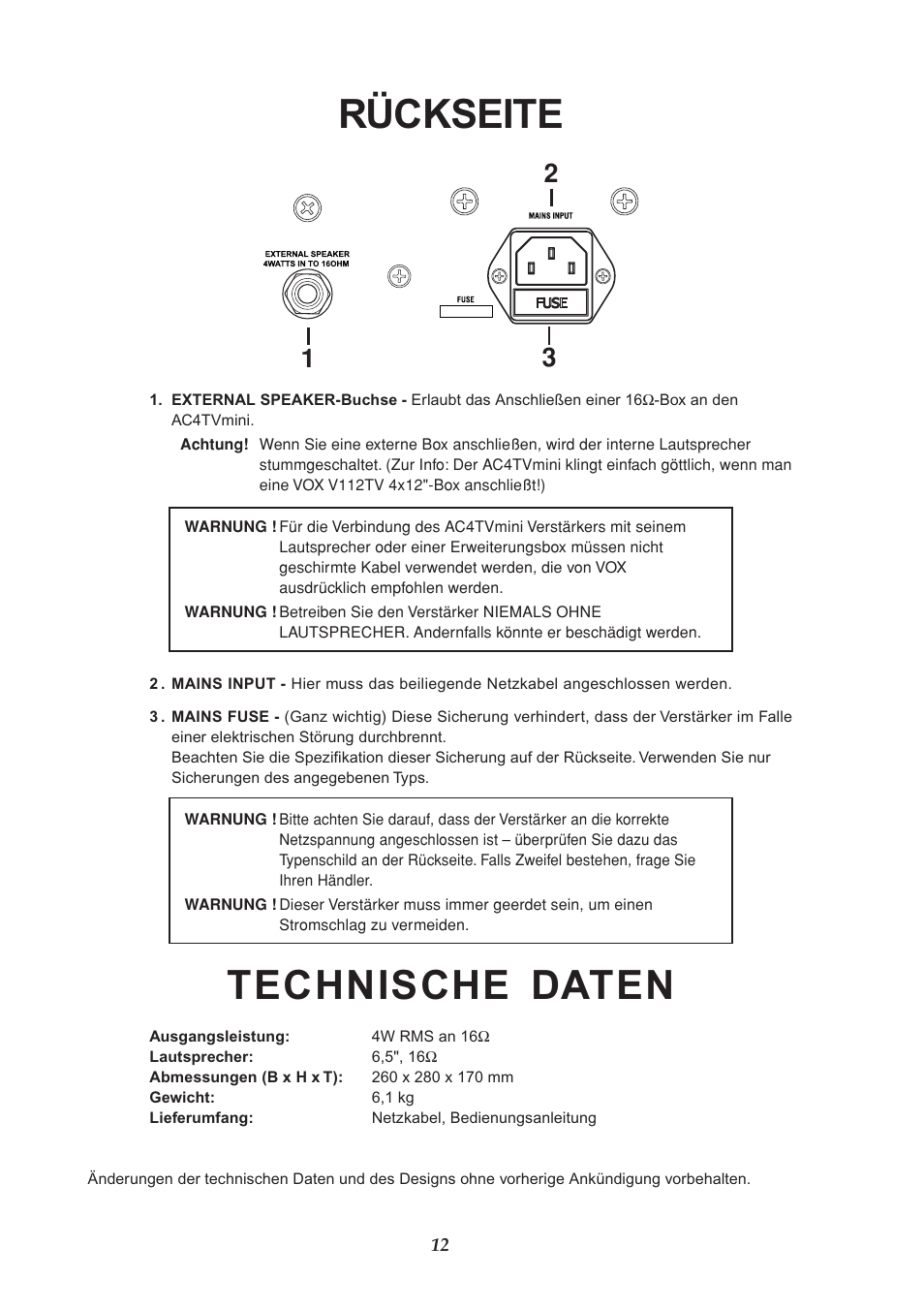 Rückseite, Technische daten | VOX Amplification USA AC4TVMINI User Manual | Page 12 / 18