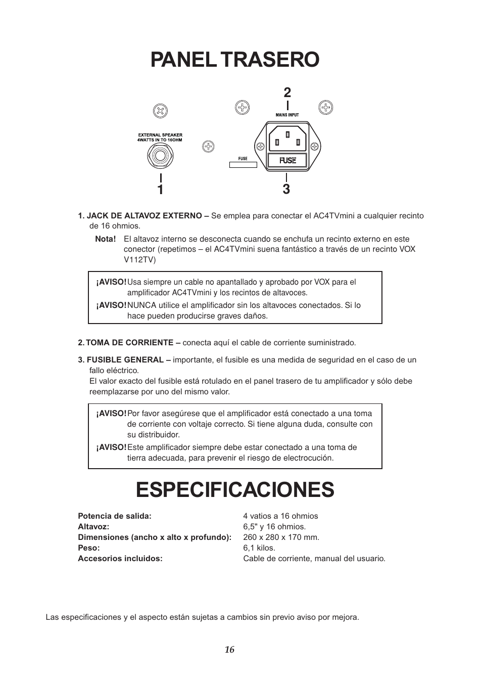 Panel trasero, Especificaciones | VOX Amplification USA AC4TVMINI User Manual | Page 16 / 18