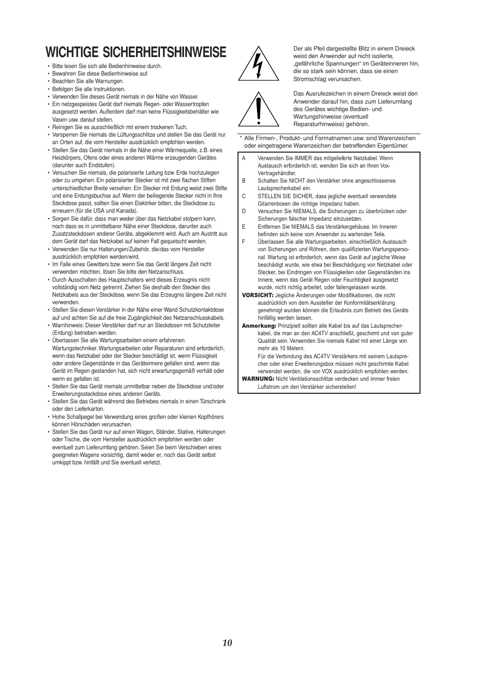 Deutsch, Wichtige sicherheitshinweise | VOX Amplification USA AC4TV User Manual | Page 10 / 18