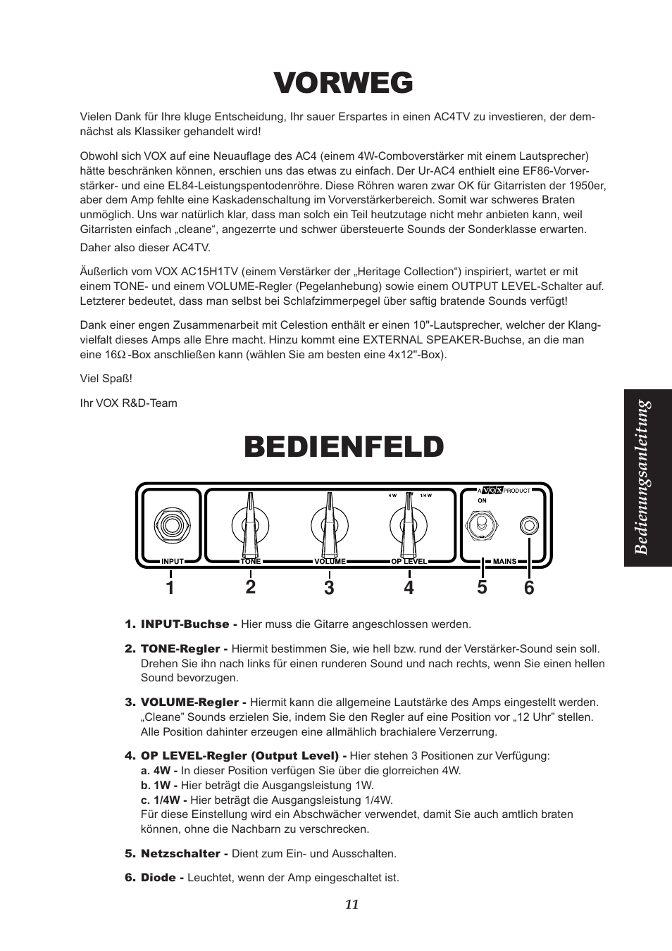 Vorweg, Bedienfeld, Bedienungsanleitung | VOX Amplification USA AC4TV User Manual | Page 11 / 18
