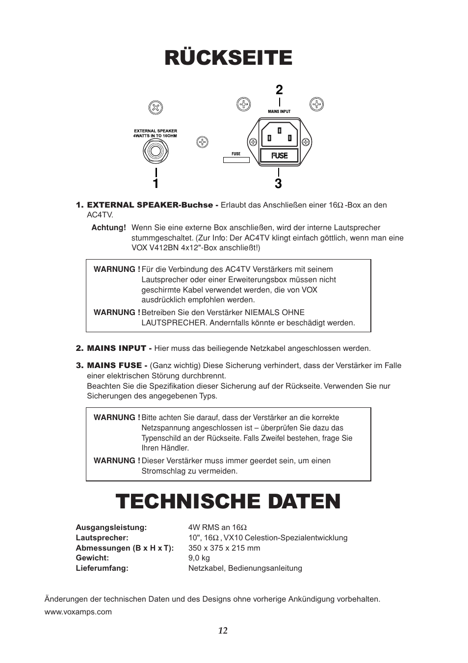 Rückseite, Technische daten | VOX Amplification USA AC4TV User Manual | Page 12 / 18