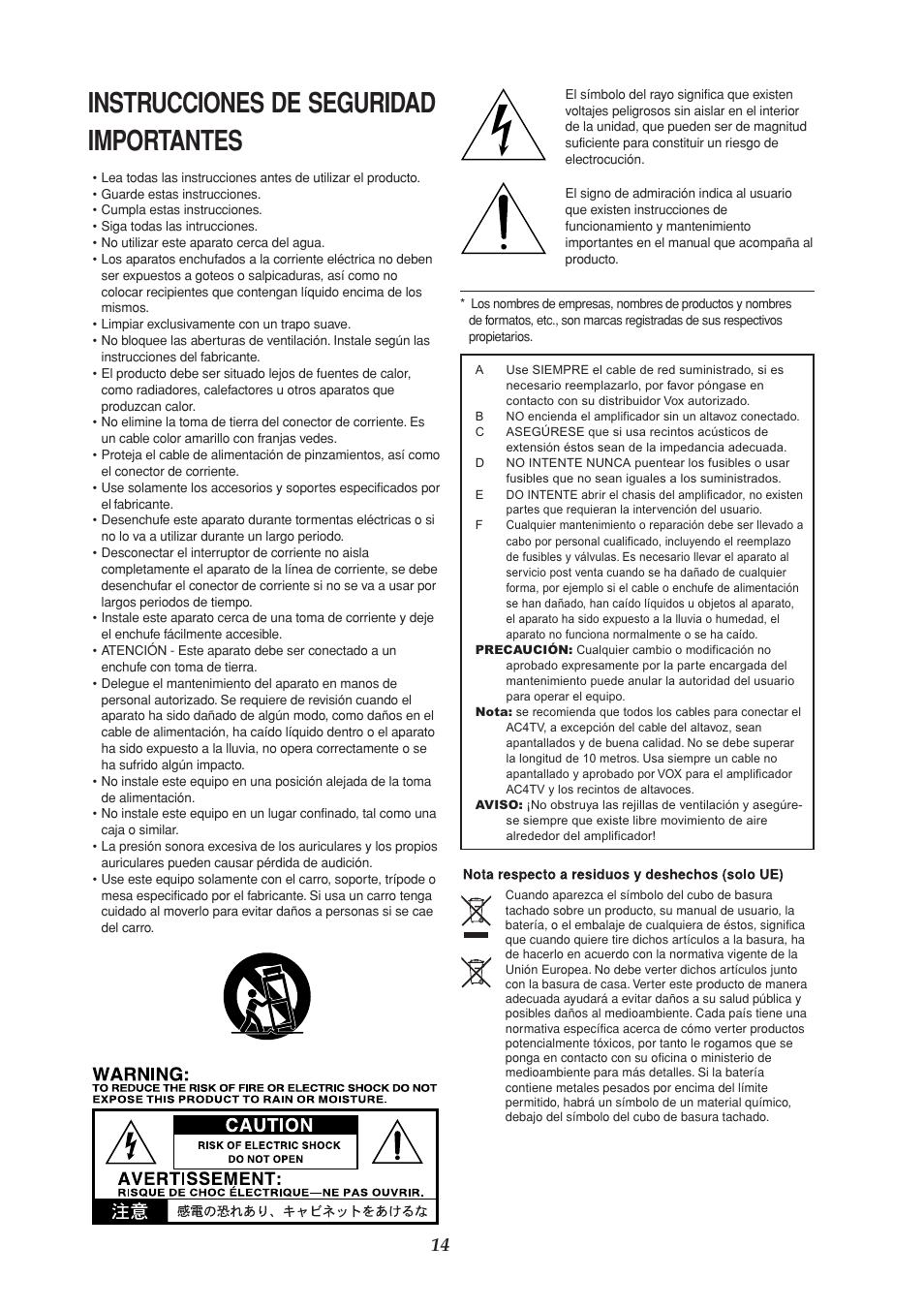 Español, Instrucciones de seguridad importantes | VOX Amplification USA AC4TV User Manual | Page 14 / 18
