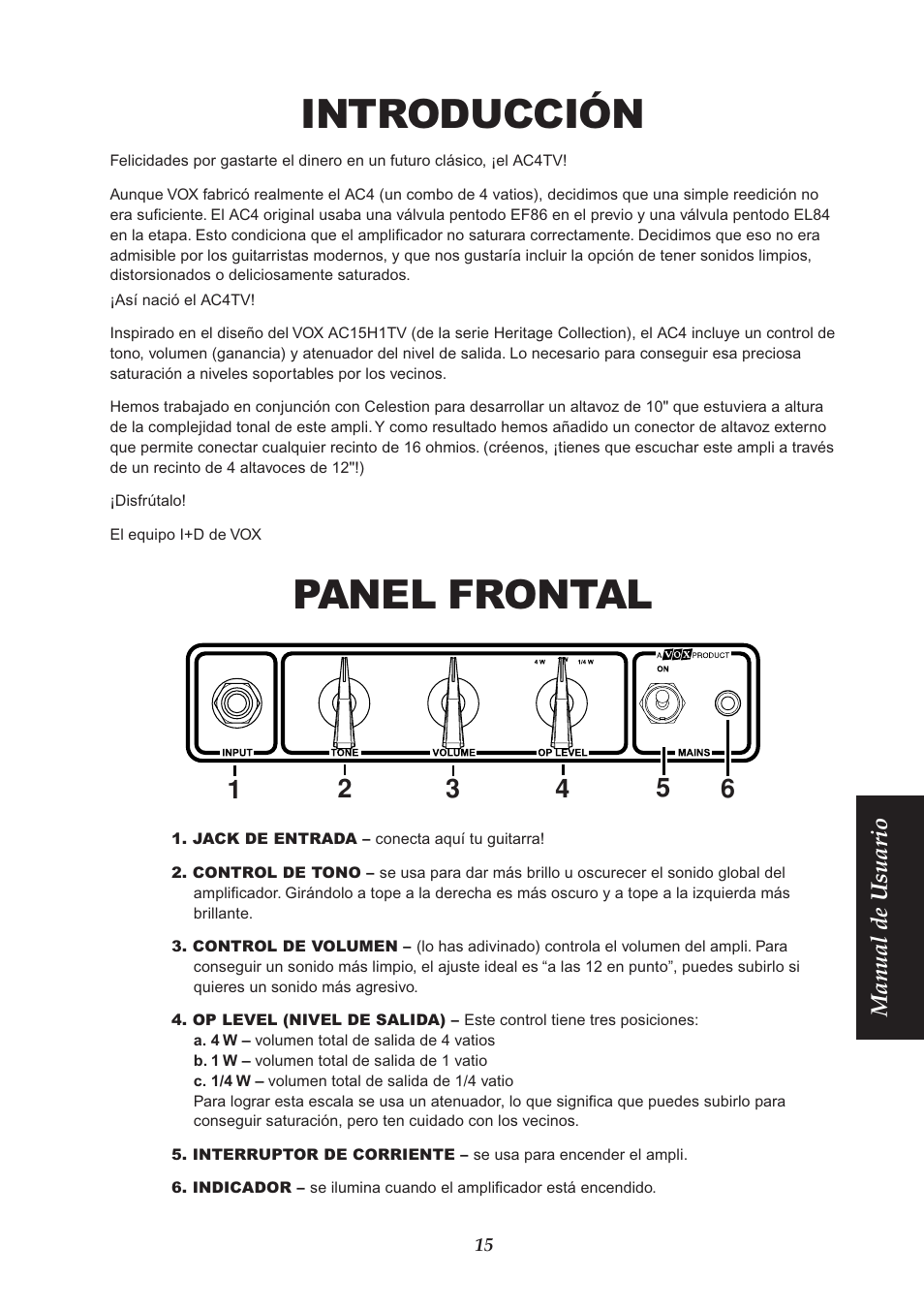 Introducción, Panel frontal | VOX Amplification USA AC4TV User Manual | Page 15 / 18