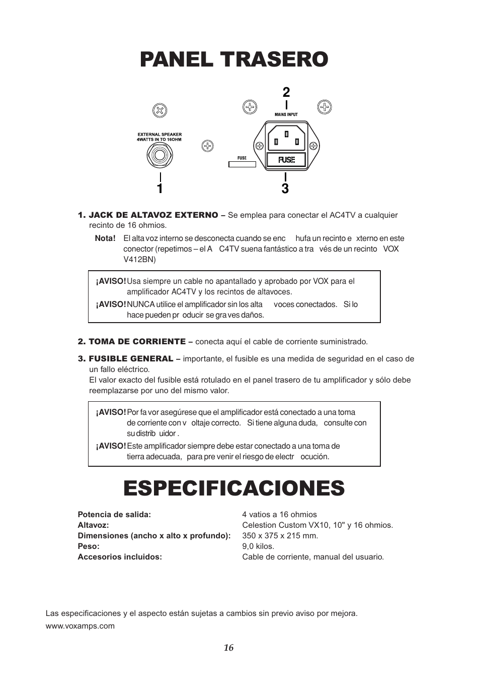 Panel trasero, Especificaciones | VOX Amplification USA AC4TV User Manual | Page 16 / 18