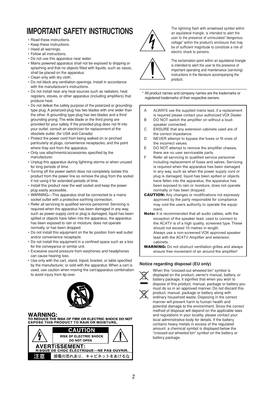 English, Important safety instructions | VOX Amplification USA AC4TV User Manual | Page 2 / 18