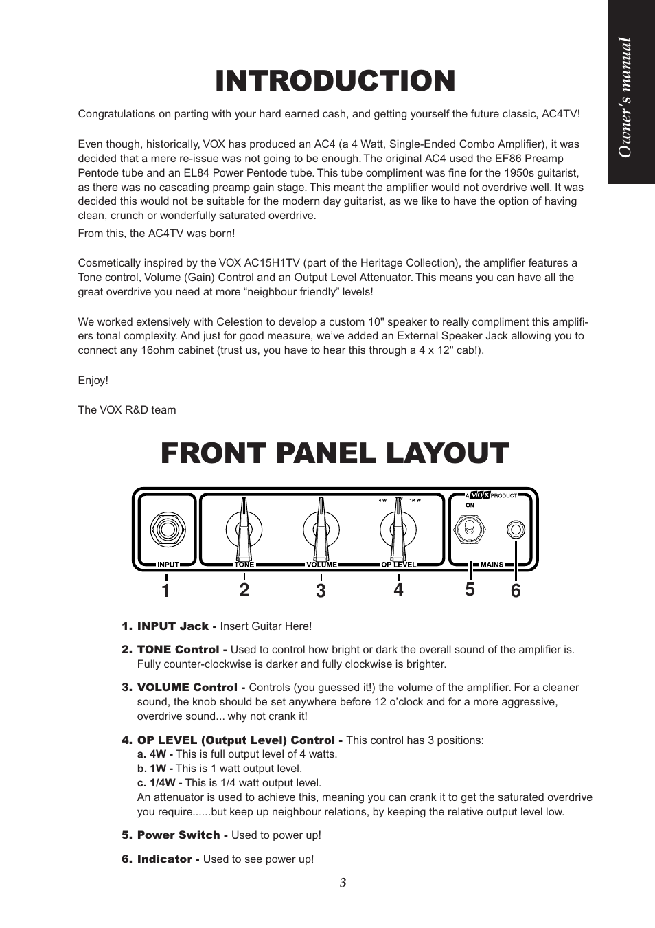 Introduction, Front panel layout | VOX Amplification USA AC4TV User Manual | Page 3 / 18