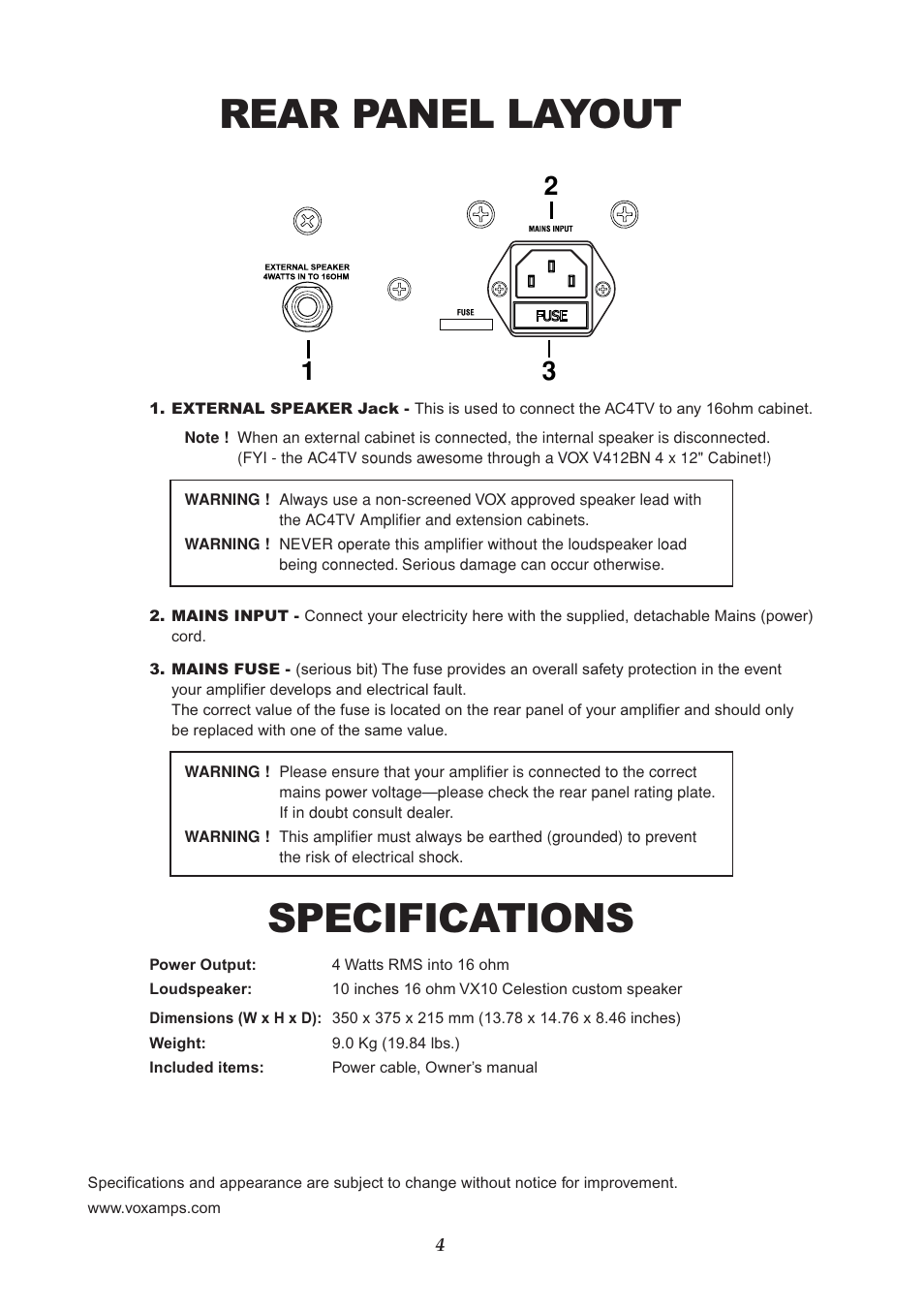 Rear panel layout, Specifications | VOX Amplification USA AC4TV User Manual | Page 4 / 18