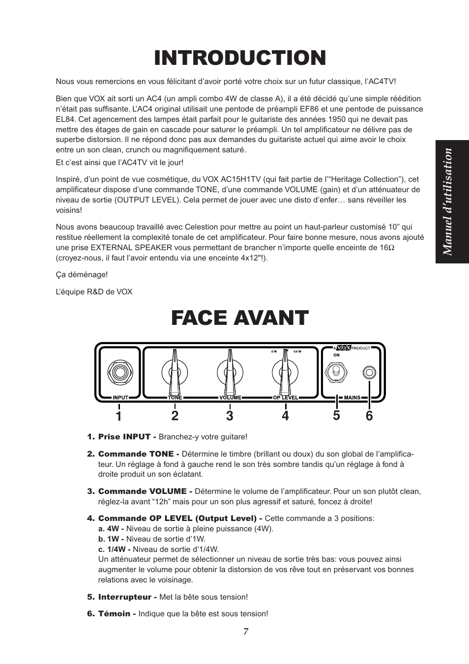 Introduction, Face avant, Manuel d’utilisation | VOX Amplification USA AC4TV User Manual | Page 7 / 18