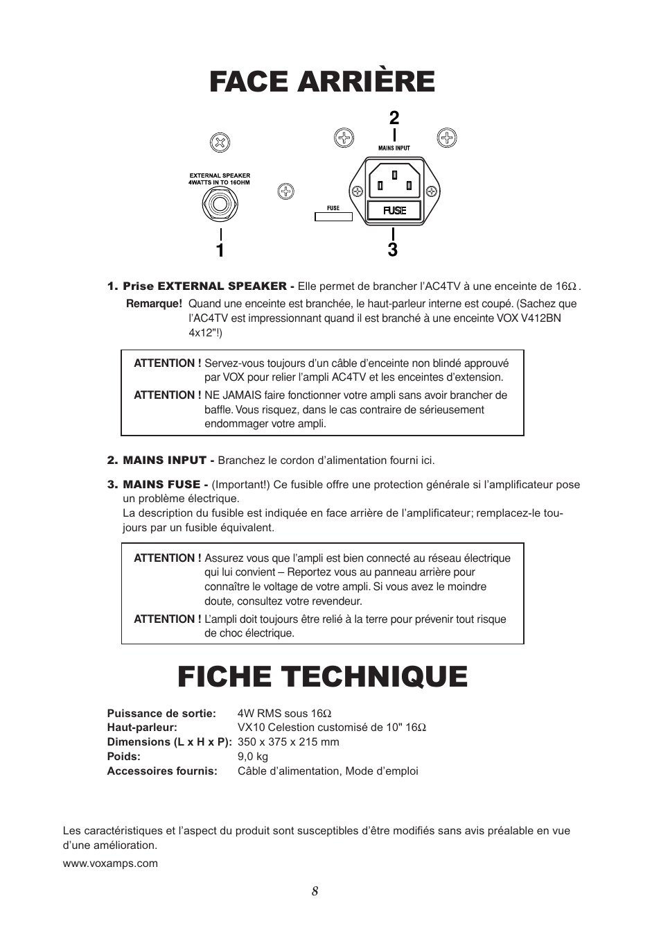 Face arrière, Fiche technique | VOX Amplification USA AC4TV User Manual | Page 8 / 18