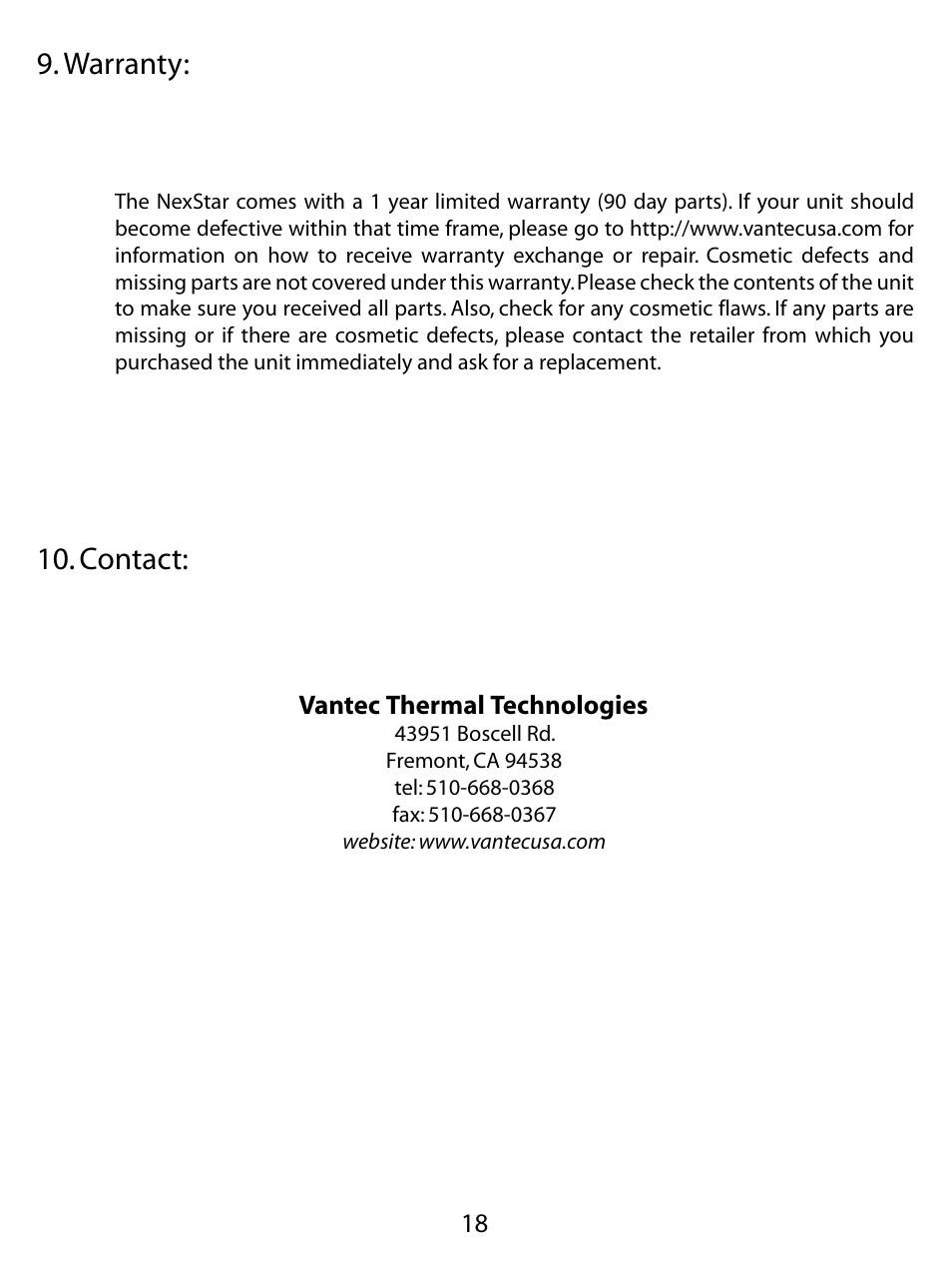 Warranty, Contact | Vantec NEXSTAR NST-350U2 User Manual | Page 20 / 20