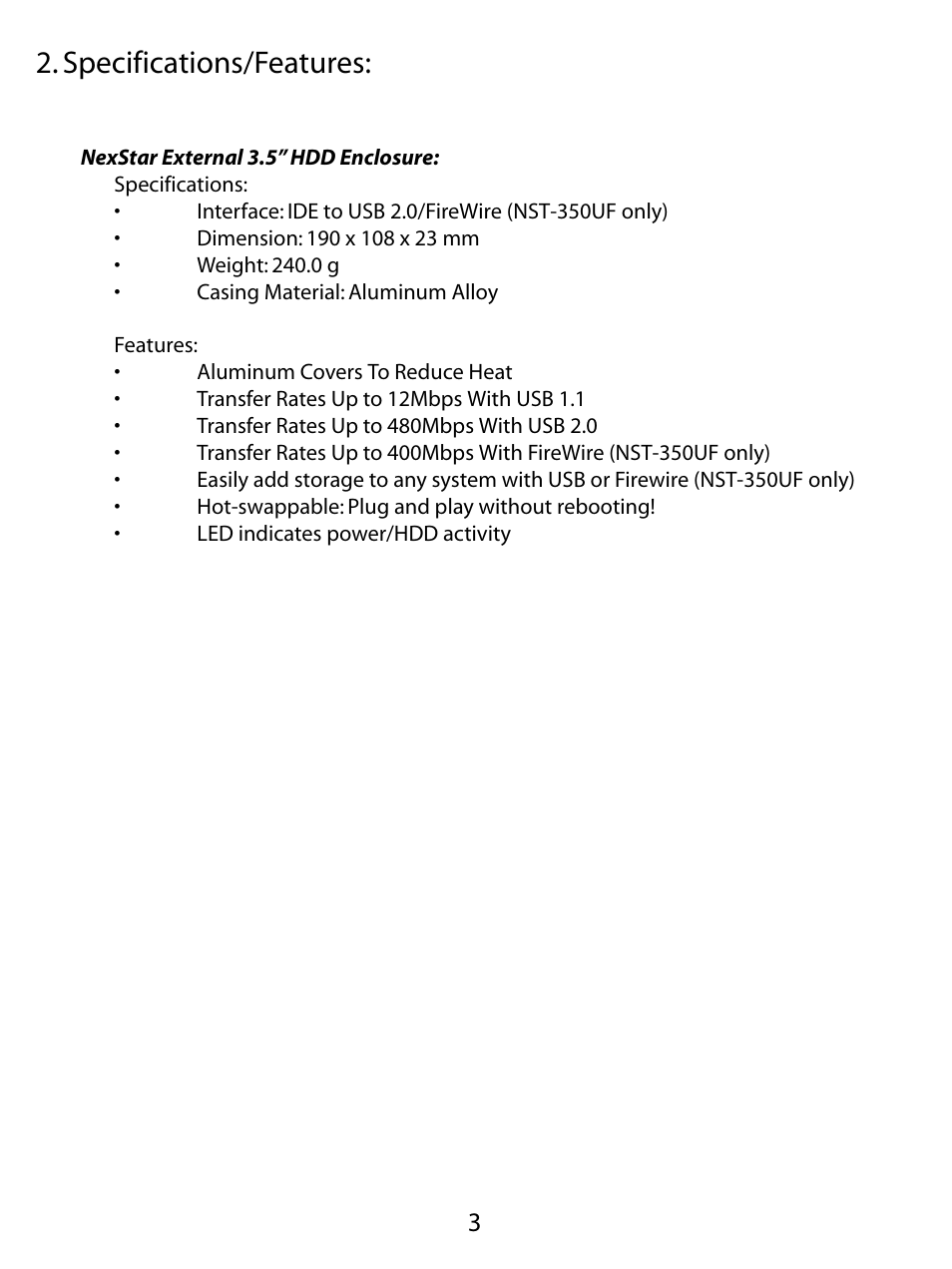 Specifications/features | Vantec NEXSTAR NST-350U2 User Manual | Page 5 / 20