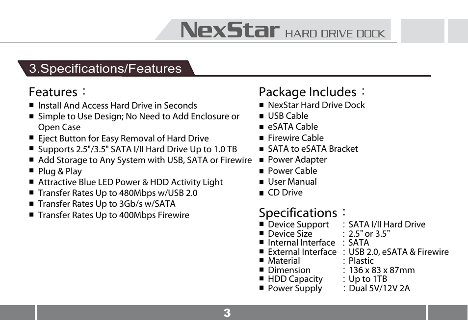 Package includes κ specifications κ, Features κ | Vantec NEXSTAR NST-D100UFS User Manual | Page 4 / 12