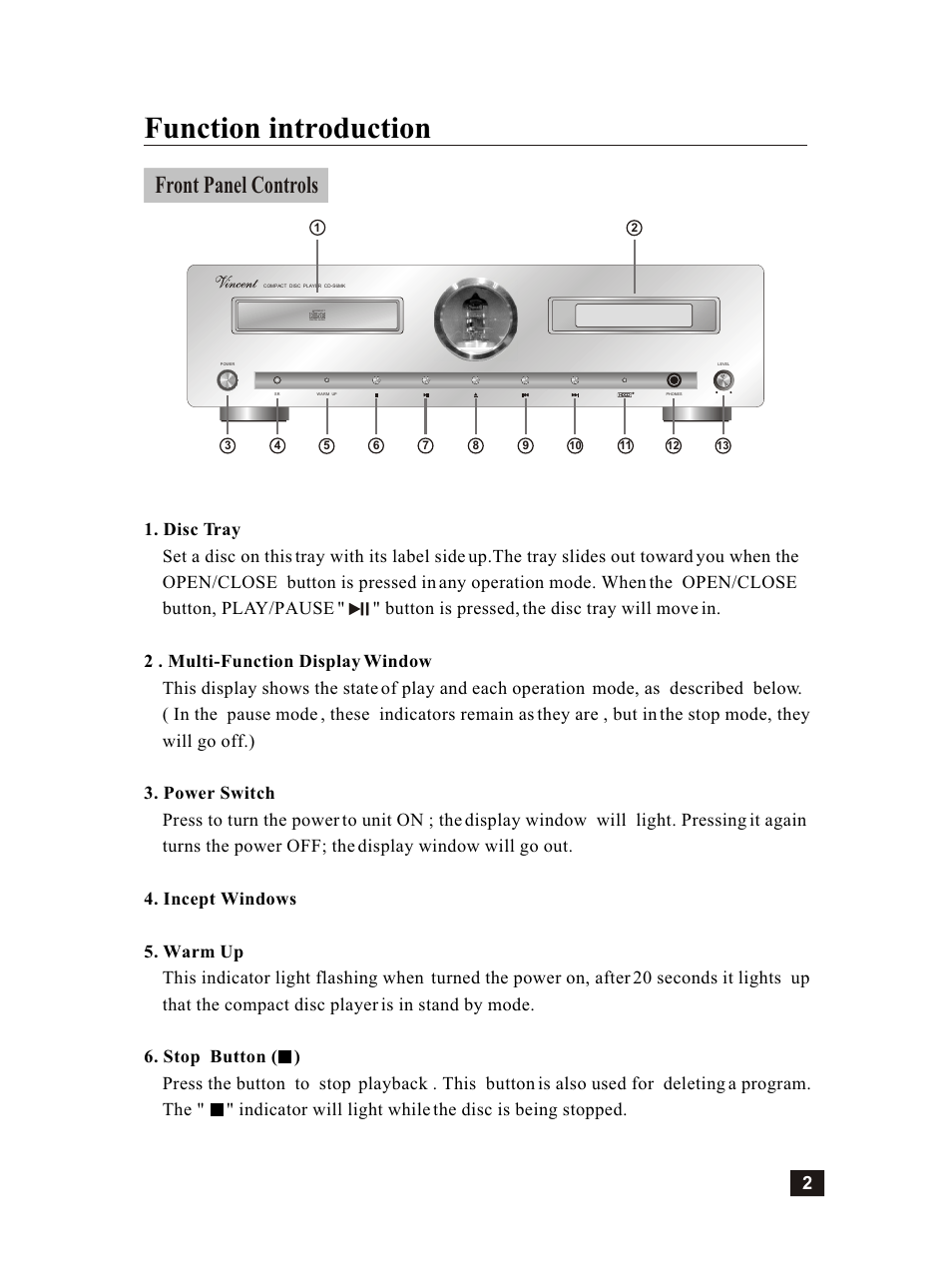 Т³гж 3, Function introduction, Front panel controls | Vincent Audio CD-S6MK User Manual | Page 3 / 12