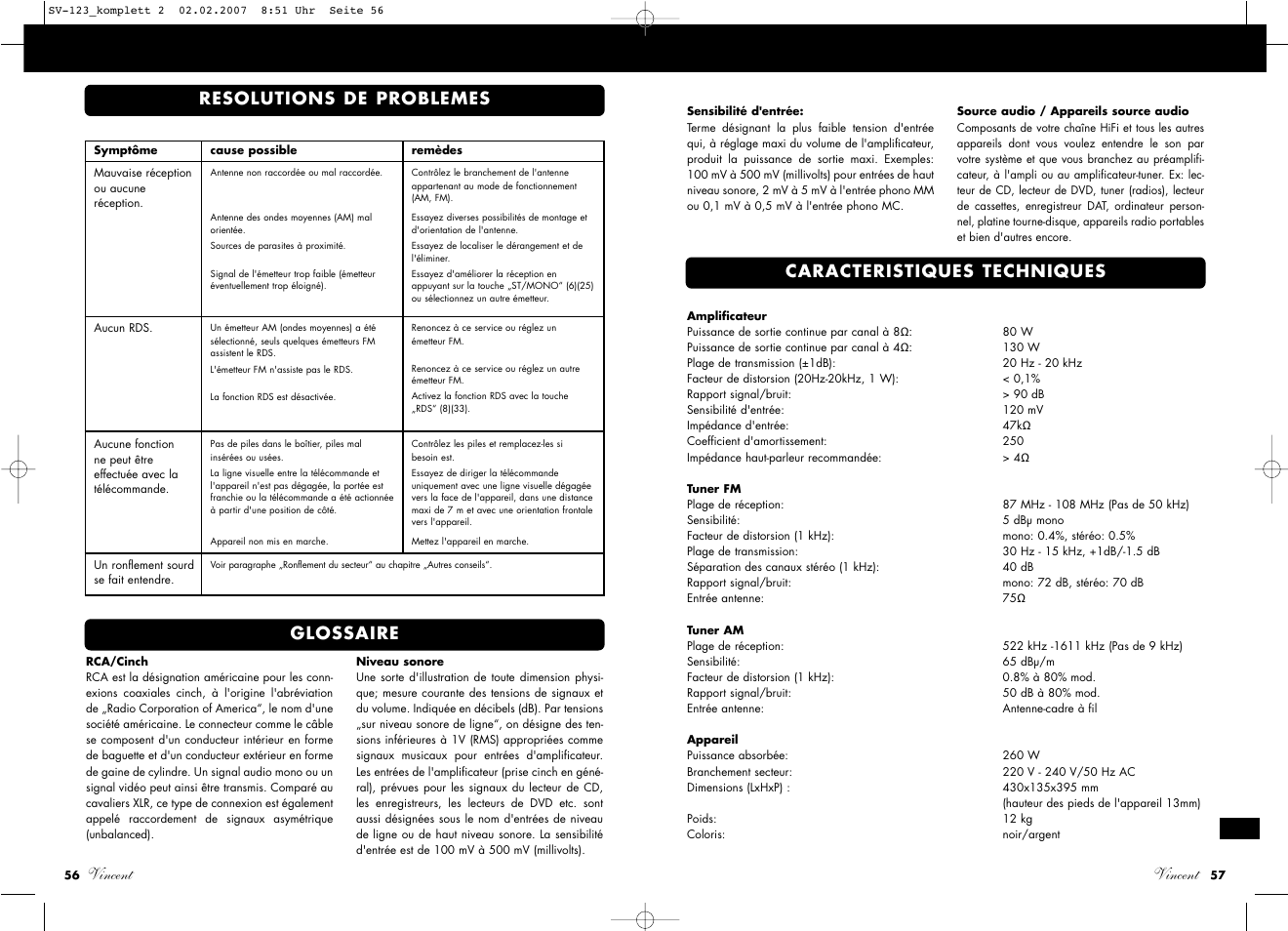 Vincent, Caracteristiques techniques glossaire, Resolutions de problemes | Vincent Audio SV-123 User Manual | Page 29 / 31