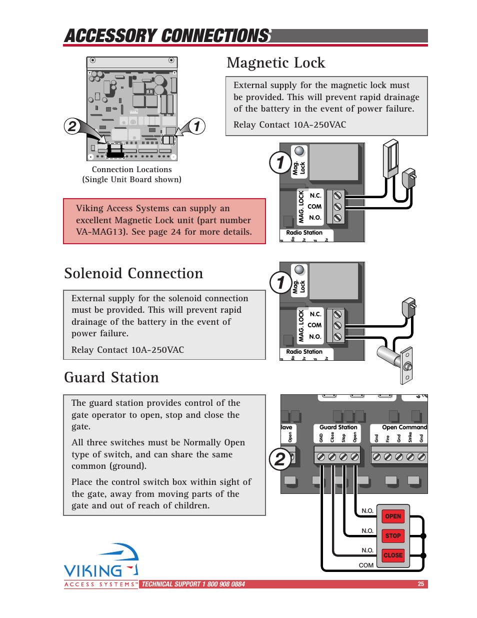 Accessory connections, Guard station, Magnetic lock solenoid connection | Connection locations (single unit board shown) | Viking Access Systems Vehicular Gate Opener X-9 User Manual | Page 27 / 36