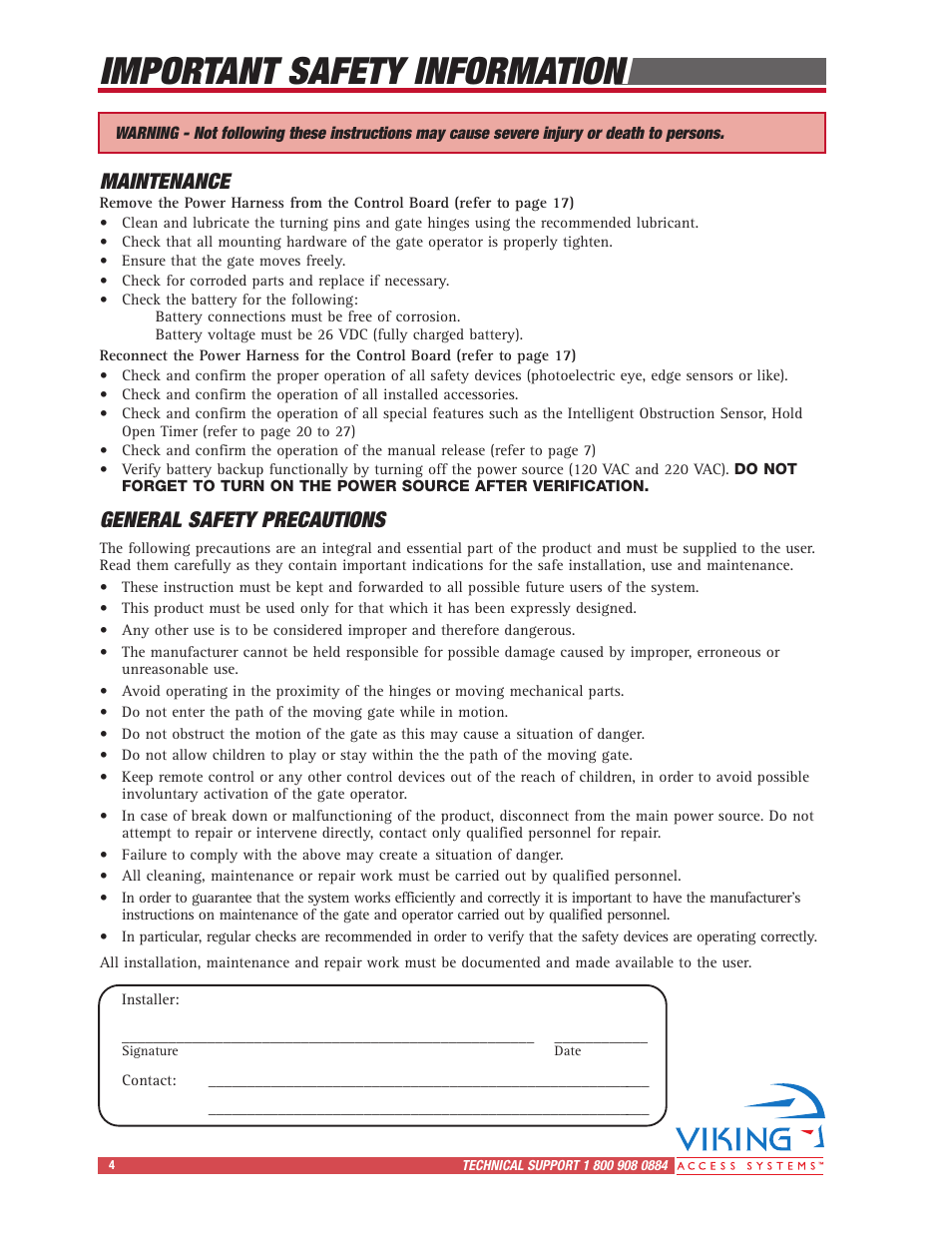 Important safety information, General safety precautions, Maintenance | Viking Access Systems Vehicular Gate Opener X-9 User Manual | Page 6 / 36