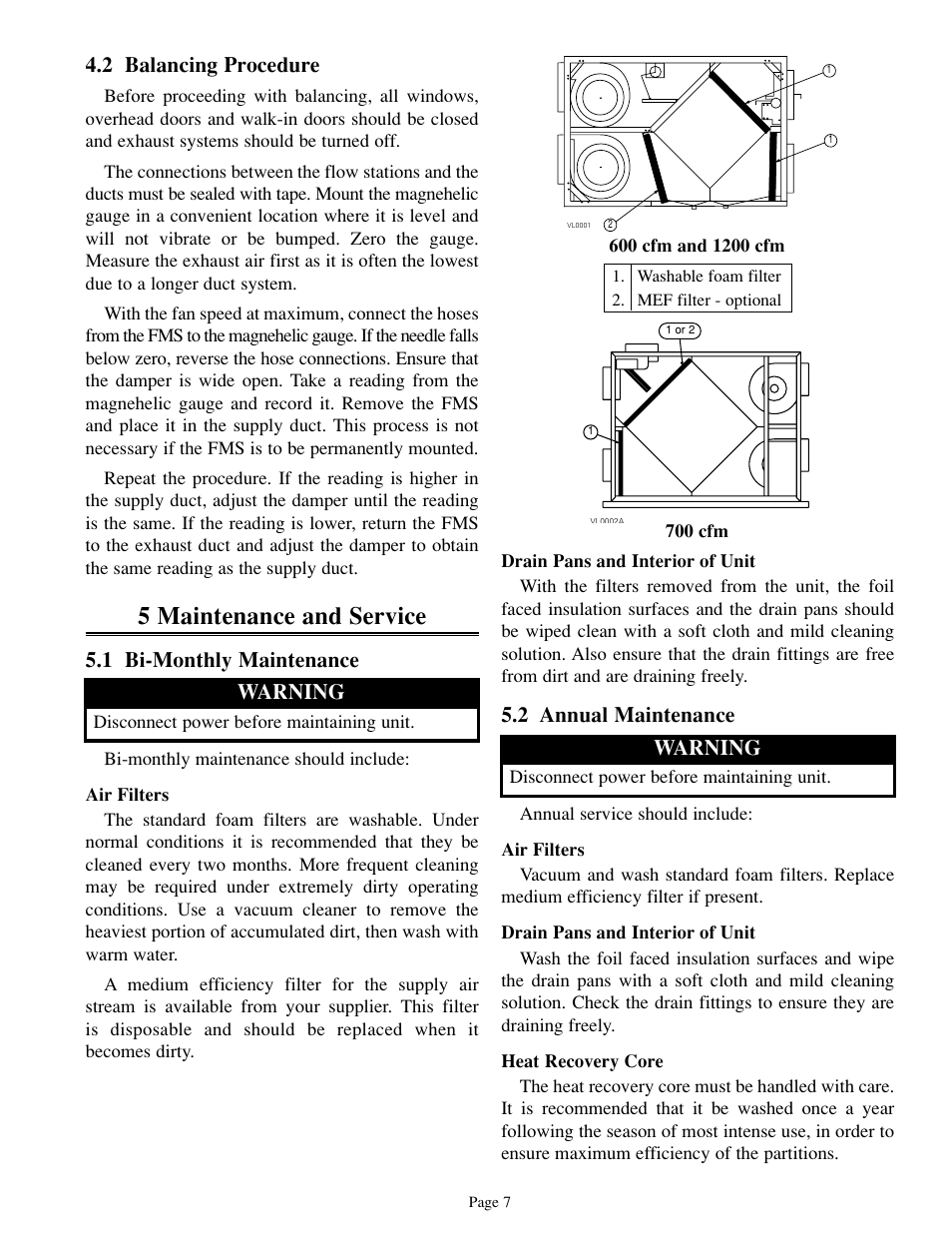 5 maintenance and service, 2 balancing procedure, 1 bi-monthly maintenance | 2 annual maintenance, Warning | Venmar 700 cfm User Manual | Page 7 / 24