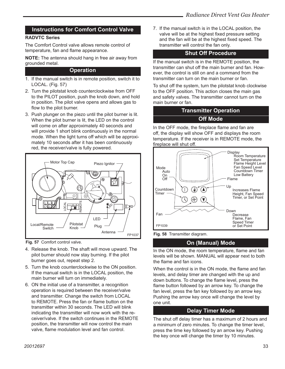 Radiance direct vent gas heater, Instructions for comfort control valve, Operation | Shut off procedure, Transmitter operation off mode, On (manual) mode, Delay timer mode | Vermont Castings RADVTCB User Manual | Page 33 / 52