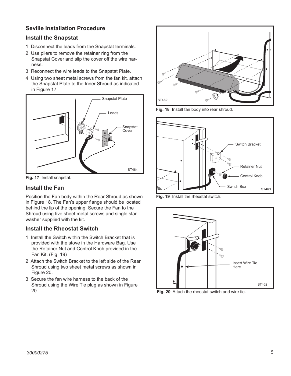 St464 seville install snapstat, St463 seville install rheostat switch, St462 seville install fan | Vermont Castings FK28/2960 User Manual | Page 5 / 6