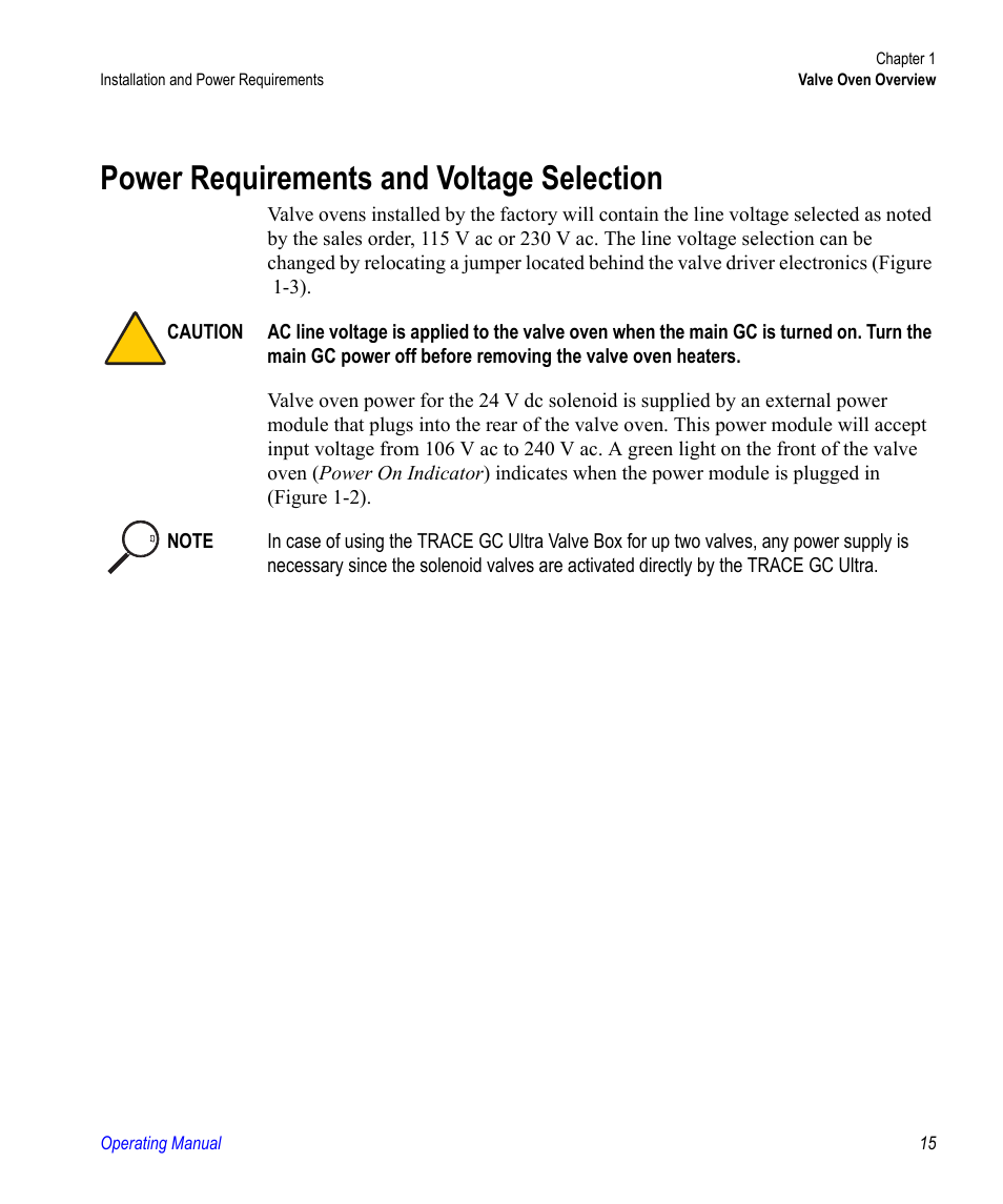 Power requirements and voltage selection | Valco electronic Valve Oven User Manual | Page 15 / 62