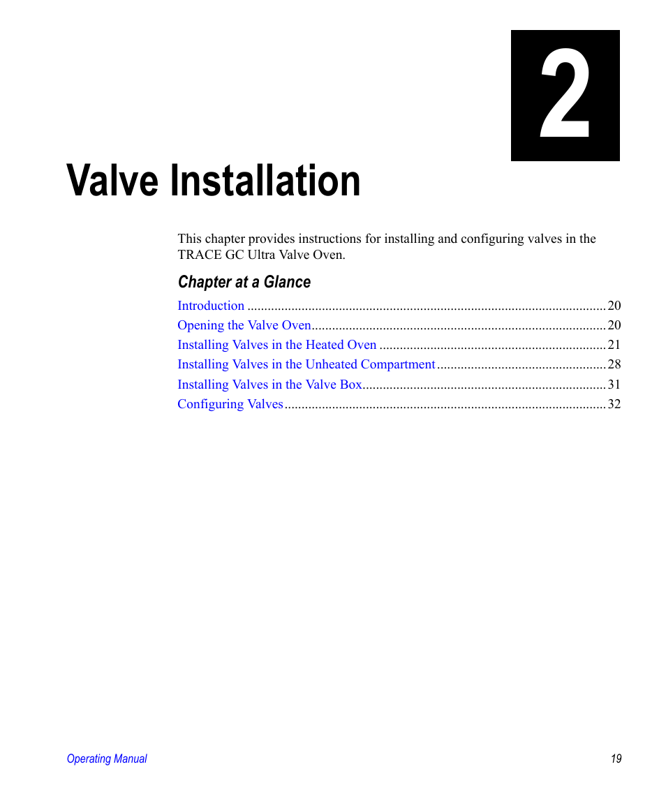 Valve installation, Chapter 2 valve installation, Chapter 2 | Valco electronic Valve Oven User Manual | Page 19 / 62