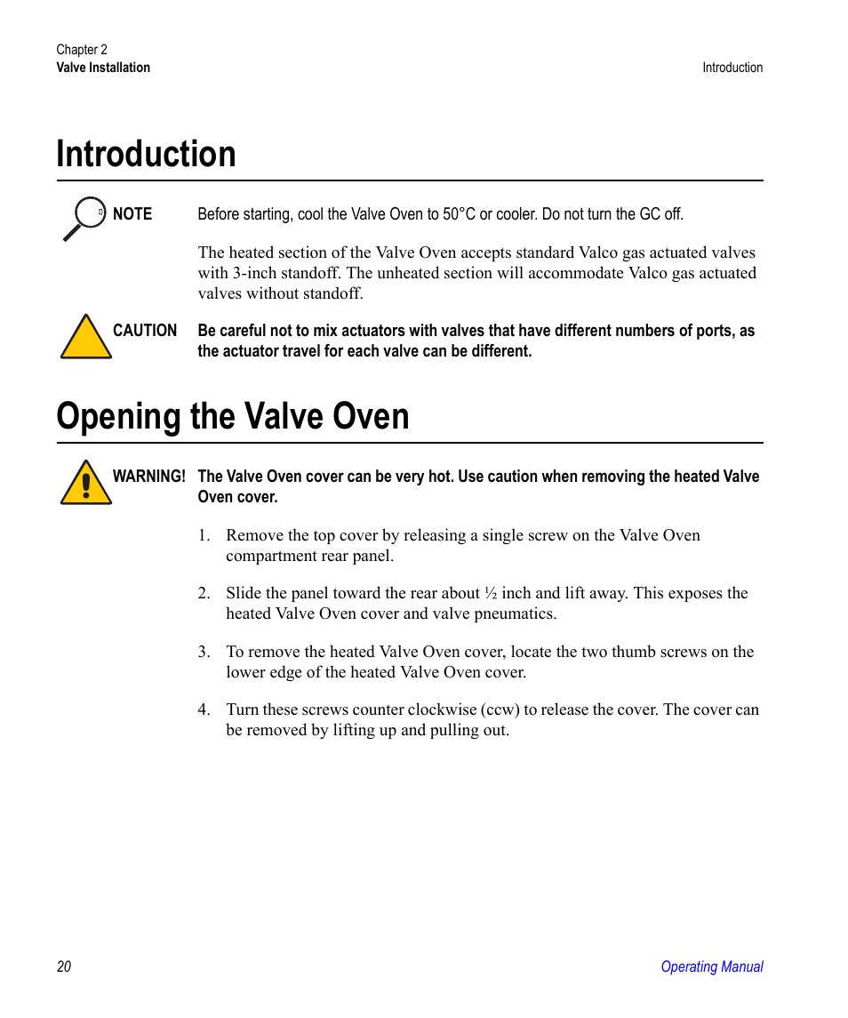 Introduction, Opening the valve oven, Introduction opening the valve oven | Valco electronic Valve Oven User Manual | Page 20 / 62