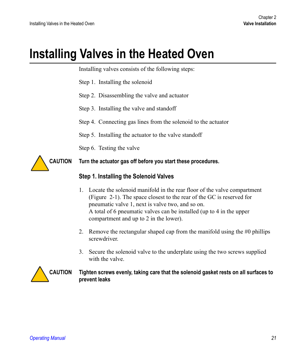Installing valves in the heated oven | Valco electronic Valve Oven User Manual | Page 21 / 62