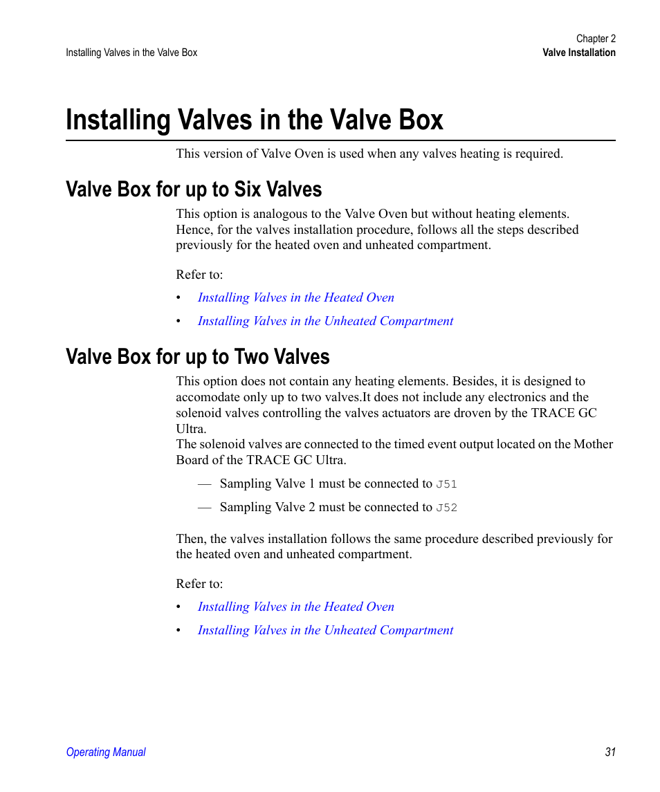 Installing valves in the valve box, Valve box for up to six valves, Valve box for up to two valves | Valco electronic Valve Oven User Manual | Page 31 / 62
