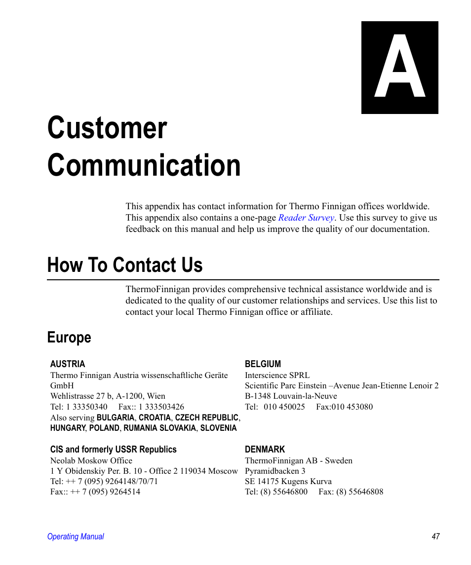 Customer communication, How to contact us, Europe | Appendix a customer communication, Has contac | Valco electronic Valve Oven User Manual | Page 47 / 62