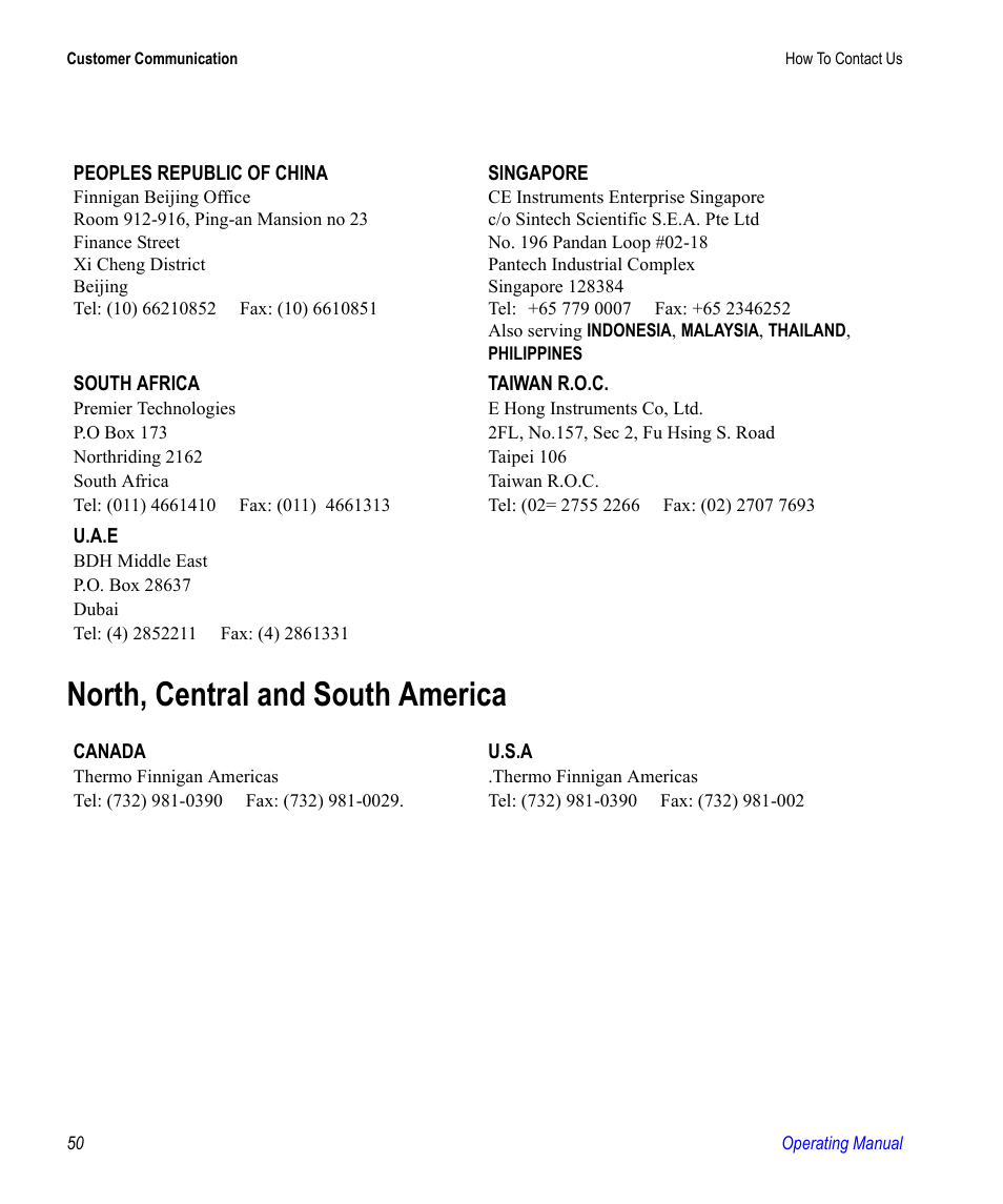North, central and south america | Valco electronic Valve Oven User Manual | Page 50 / 62