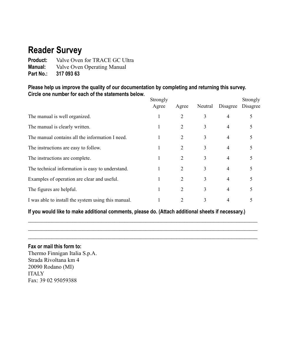 Reader survey | Valco electronic Valve Oven User Manual | Page 51 / 62