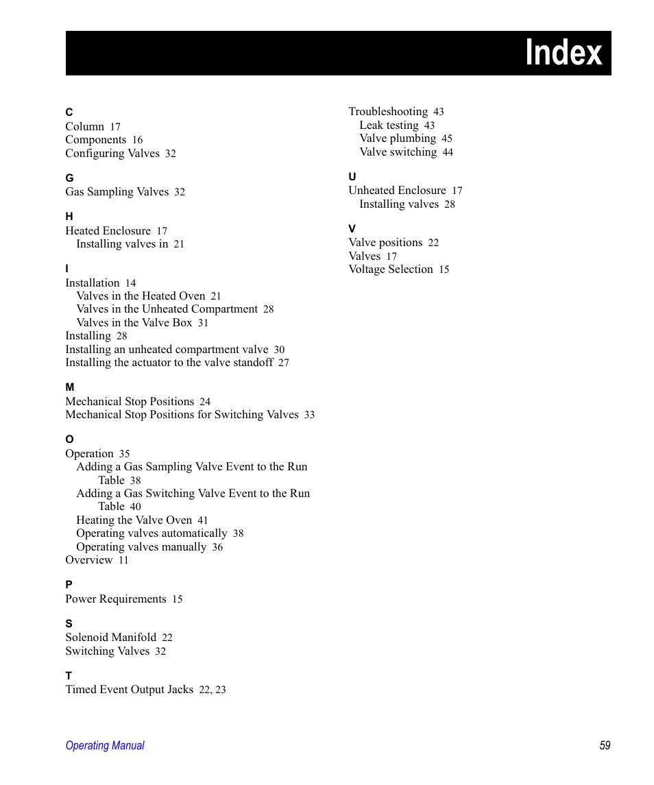 Index | Valco electronic Valve Oven User Manual | Page 59 / 62