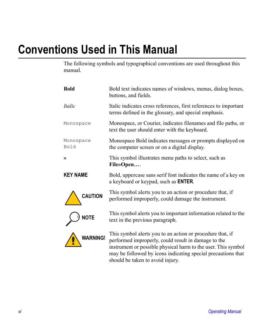 Conventions used in this manual | Valco electronic Valve Oven User Manual | Page 6 / 62