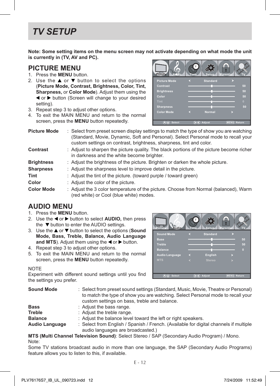 Tv setup, Picture menu, Audio menu | Venturer PLV76176 User Manual | Page 13 / 20