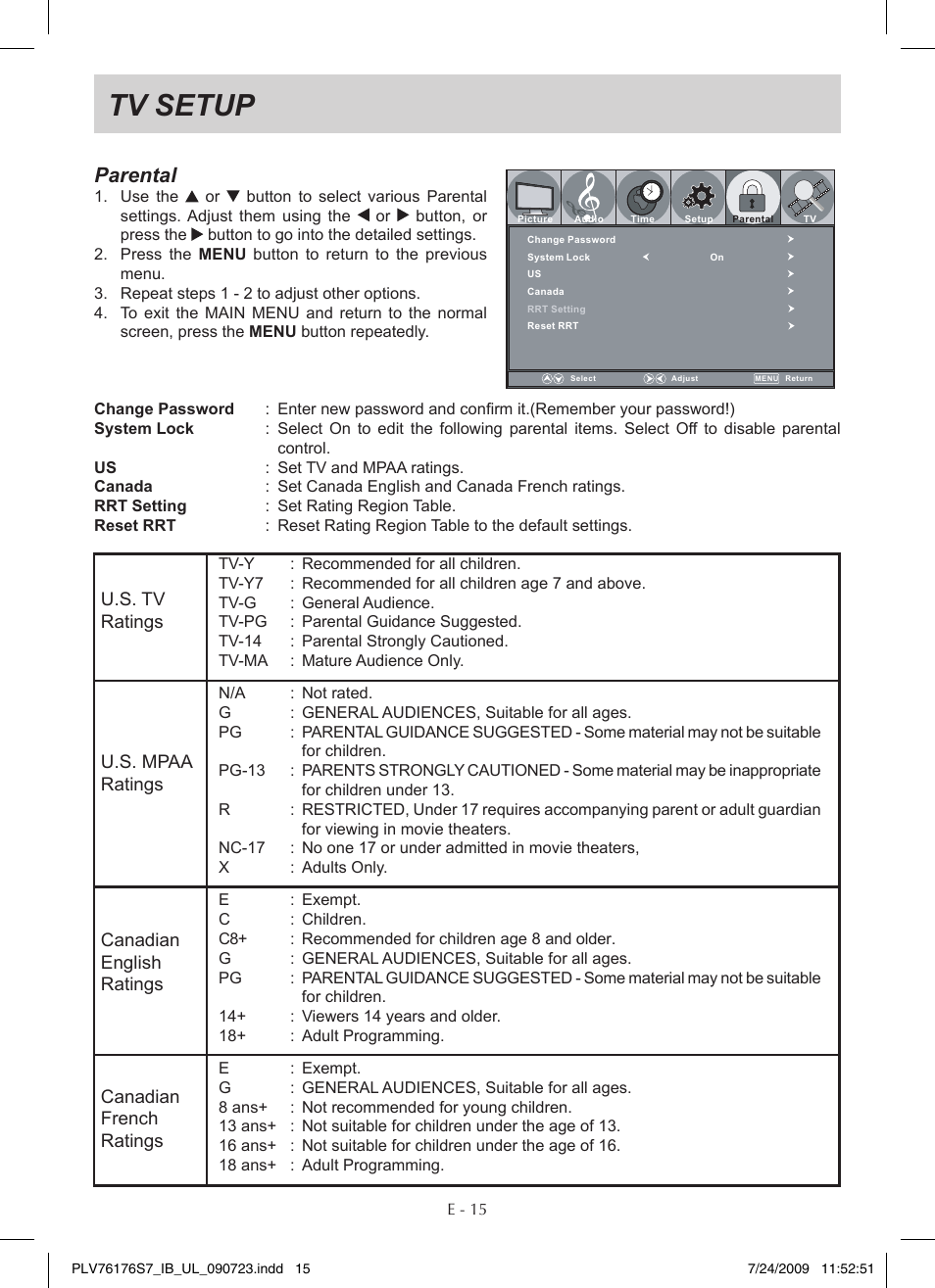 Tv setup, Parental | Venturer PLV76176 User Manual | Page 16 / 20