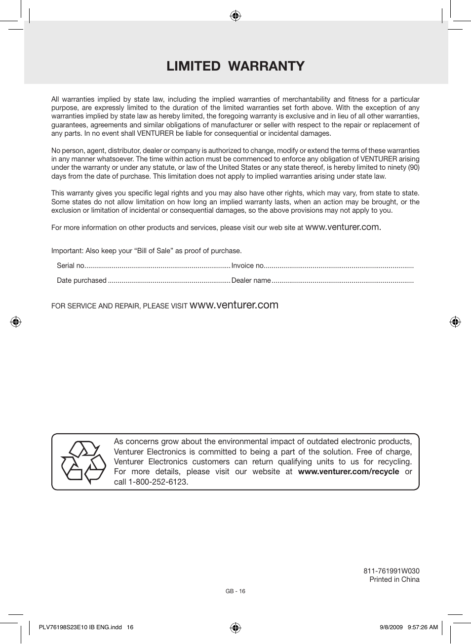 Limited warranty | Venturer PLV76198E User Manual | Page 16 / 16