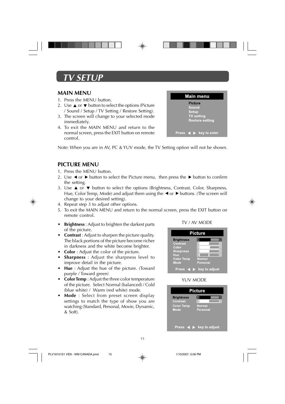 Tv setup, Main menu, Picture menu | Venturer PLV1615S User Manual | Page 15 / 23