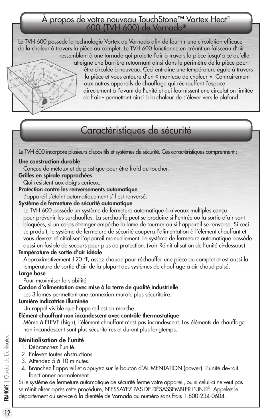 Caractéristiques de sécurité, À propos de votre nouveau touchstone, Vortex heat | Tvh 600) de vornado | Vornado TouchStone 600 User Manual | Page 12 / 24