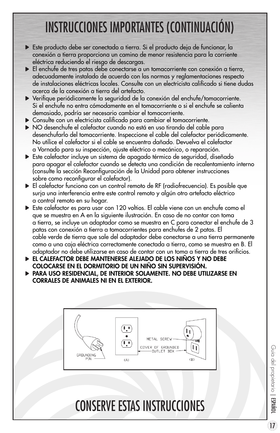 Instrucciones importantes (continuación), Conserve estas instrucciones | Vornado TouchStone 600 User Manual | Page 17 / 24