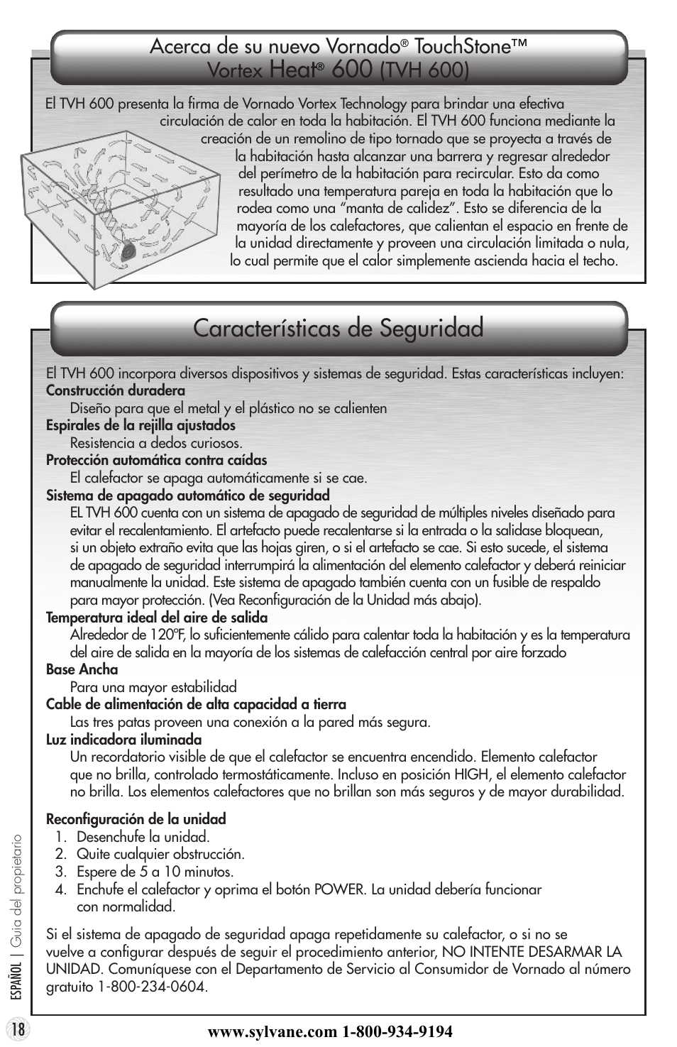 Características de seguridad, Heat, Acerca de su nuevo vornado | Touchstone, Vortex, Tvh 600) | Vornado TouchStone 600 User Manual | Page 18 / 24