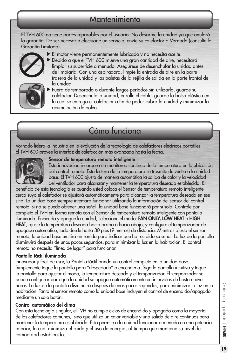 Mantenimiento cómo funciona | Vornado TouchStone 600 User Manual | Page 19 / 24